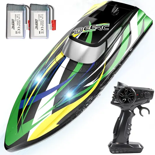 DEERC Fast RC Boat with LED Lights, 30+KM/H, High Speed Remote Control Racing Boat, Self-Righting, 2 Batteries, 24+ Mins, 2.4GHz Pool & Lake Toys for Kids & Adults