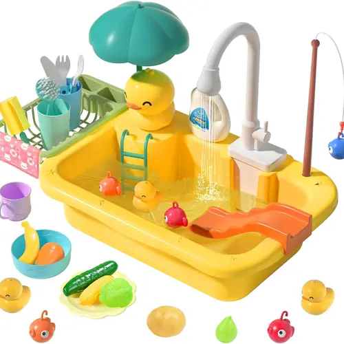 Cute Stone Kids Play Kitchen Accessories - Upgraded Electric Faucet Sink Watertoy, Floating Fishing Dishes Set, Portable Pretend Play House for Kids’ Learning (Ages 6-8) by Dealsforyouday