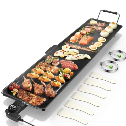 [For 6-8 People] COSTWAY 35" Extra Large Electric Griddle, 2000W Nonstick Long Table Top Grill w/5-Level Temp & Drip Tray, Indoor Outdoor Cooking Plates Teppanyaki Grill for Pancake, BBQ, Camping Gatherings, Back To School