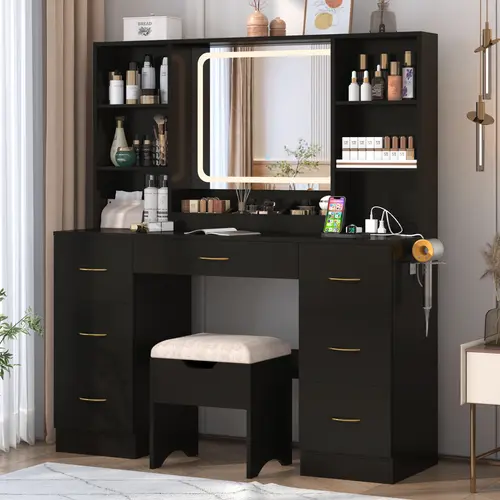 Women's 47in Sturdy LED Makeup Vanity Desk with Built-in Light Fixture Mirror, Drawers, Storage, Vanity Chair - Modern Set, 3 Lighting Modes for Indoor Furniture Use