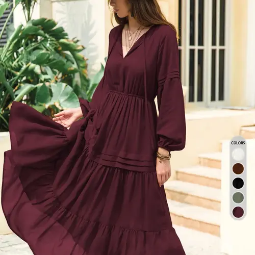 Women's Lantern-Sleeve Ruffle A-Line Maxi Dress, Plain Woven Fabric, Spring and Summer Casual Long Dress for Outdoor Holidays, Casual Wear