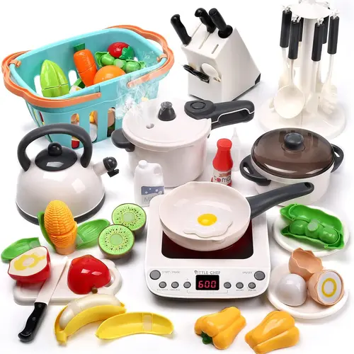 Cute Stone Kids Miniature Cooking Set - Multi-Activity Playset, ABS Plastic Pretend Kitchen Toy with Cookware, Pressure Cooker, Frying Pan, Electronic Induction Cooktop, Utensils, Cutting Food, Shopping Basket, Batteries, Cool Gifts for 6-8 Years Old Kids