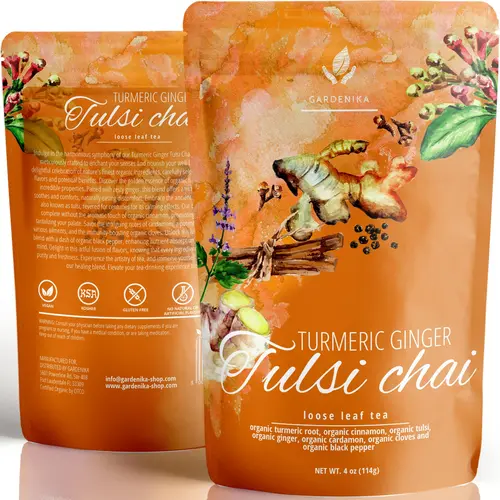 Gardenika Organic Turmeric Ginger Tulsi Chai Loose Leaf Tea 4oz - Caffeine & Sugar Free