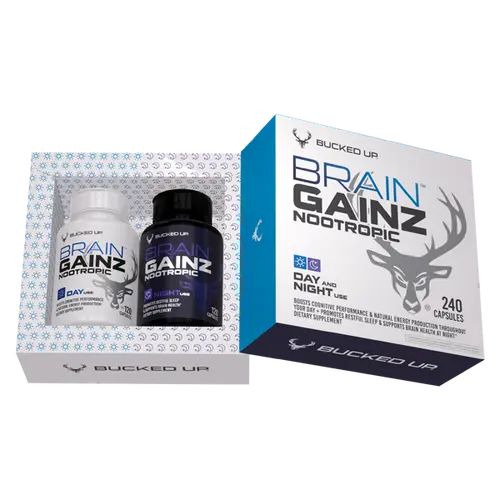 Bucked Up Brain Gainz Day/Night [120x2 Capsules] Fitness Supplement with Taurine, Natural Caffeine, L-Tyrosine, L-Theanine, Lemon Balm, and Adaptogenic Mushrooms for Focus, Energy, and Relaxation