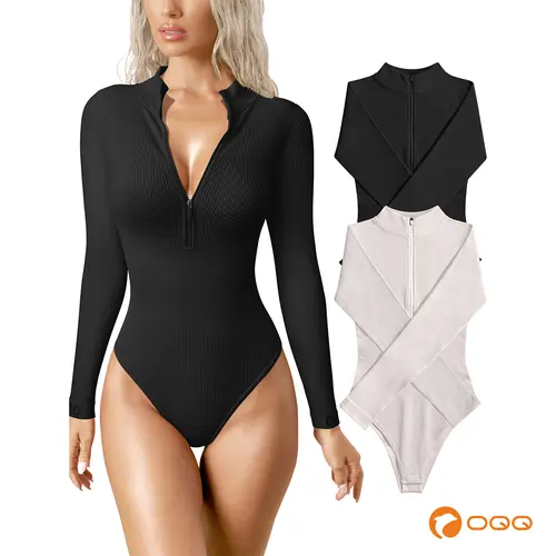 OQQ Women's 2 Piece Bodysuits Sexy Ribbed One Piece Zip Front Long Sleeve Tops Bodysuits,back to school,back to school shopping