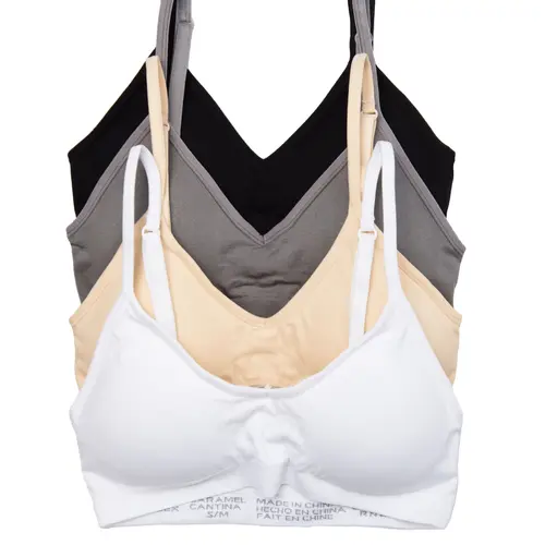 Women's Caramel Cantina Bralette 4-Pack - Seamless V-Neck Nylon Spandex Yarn, Padded Wireless, Adjustable Straps, Lightweight Praline Basics, Chocolate & Nature-Inspired Everyday Chic Comfort