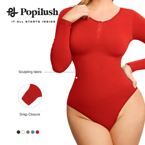 Popilush Seamless Shapewear Bodysuit Long Sleeve Henley Button Front Ribbed Light Compression