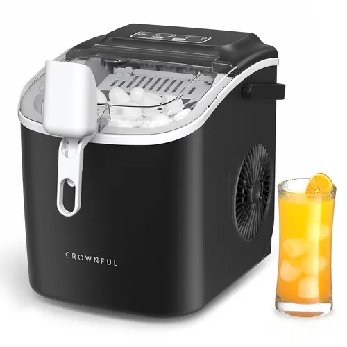 Crownful Compact Countertop Ice Making Machine, Portable Quick Icemaker with Self-Cleaner, 26lb Ice Cubes/24h, 9 Cubes in 6 Mins, 13.67lb Capacity, Full/Refill Alerts, Handle for Easy Carry, 8.7*11.4*11.6 Inches, Includes Scoop & Basket for Home Use