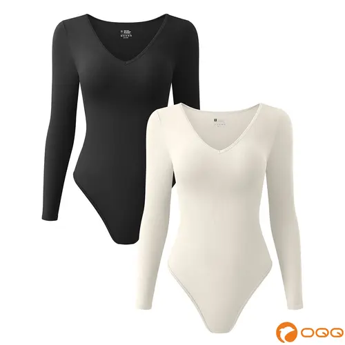 OQQ Women's 2-Piece Ribbed Bodysuit - Sexy V-Neck Long Sleeve Tops, Soft Stretchy Seamless Fabric Basic Comfort Womenswear, Longsleeves, Plussize, Bodysuit For Women, Nylon, V‑Neck Sexy Line