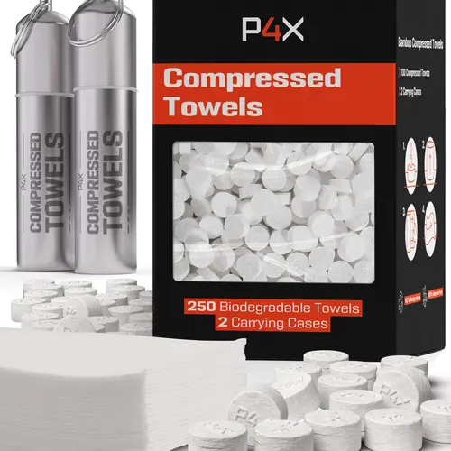 P4X Compressed Towel Tablets with Metal Waterproof Case -  Bamboo Camping Toilet Paper Tablets, Disposable Washcloths, Body Wipes, Paper Towel Coin