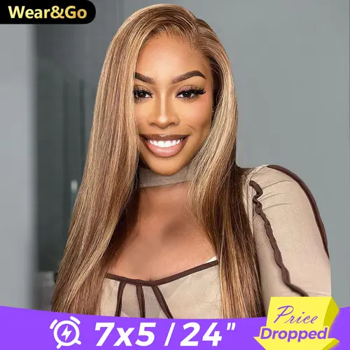 OQ HAIR Pre Cut Lace Highlight Ombre 4/27 Color Wear And Go Glueless Wigs 7x5 Straight Lace Front Human Hair Wigs #dealsforyoudays