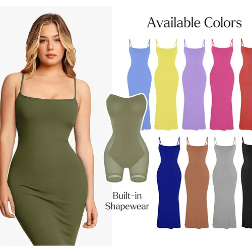 Popilush  Sexy Bodycon Dress Spaghetti Strap Shapewear Tummy Control Soft Fabric Maxi Midi Min Fit Ribbed