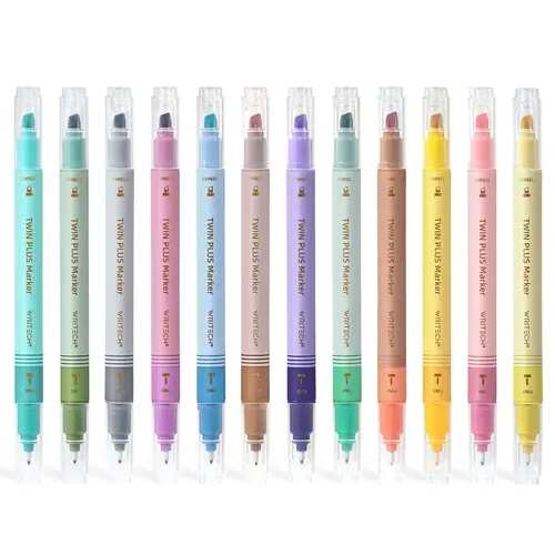 WRITECH Dual Tip Highlighter Aesthetic Fine & Chisel Tip Vintage Marker Highlighters  No Bleed & Smear for Bible Highlighting Assorted Colors 12ct