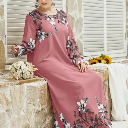 Plus Size Floral Print Long Sleeve Round Neck Tunic Dress, Casual Loose Long Dresses for Women Daily Wear, Ladies Clothes Autumn Fashion, Elegance