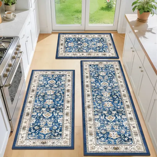 LOKHOM Farmhouse Floral Area Rugs Set of 3 - Non-Slip Polypropylene Home Decor Rugs, Aesthetic Machine Washable Kitchen Runner & Mats for Kitchen, Laundry, Machine Washable Rug