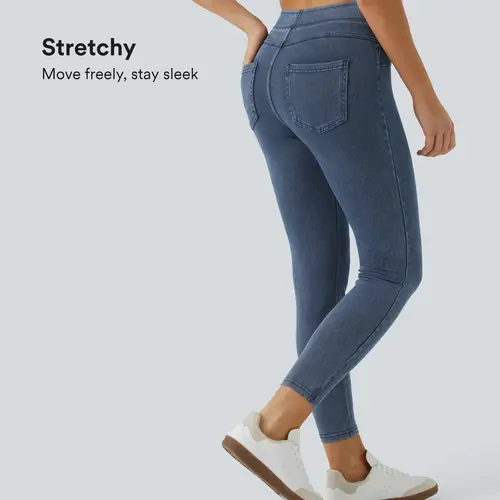Halara Flex High Waisted Back Side Pocket Stretchy Knit Denim Casual Leggings #BackToSchool