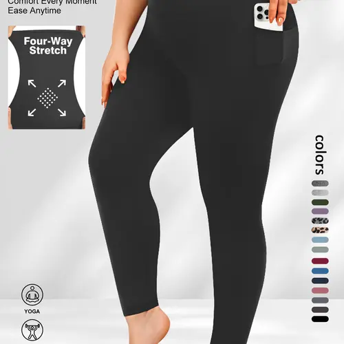 Plus Size Solid High Waist Sports Comfy Gym Workout Leggings with Pocket, Summer Outfits, Casual High Stretch Skinny Pants for Women, Soft Comfortable Women's Bottoms for All Seasons, Stretchy Workout Leggings