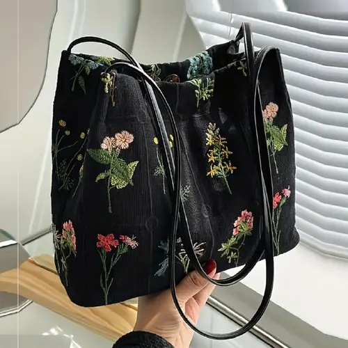 National Day Offers Random Floral Embroidered Canvas Shoulder Bag, Fashionable Large Capacity Tote Bag For Women, Trendy Women's Shopping Bag, Casual Trendy Purses