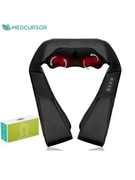Medcursor Neck & Shoulder Massager with Heat - 16 Deep-Kneading Shiatsu Nodes, Adjustable Intensity, Portable Faux Leather Neck Shoulder Relaxer - Bf Birthday Gifts, Father's Day Gifts for Him, Men's Stuff for Muscle Relaxation