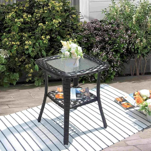 【Back To School】Ovios Outdoor Patio Side Table with Tempered Glass Top, Wicker Rattan Coffee End Table with Storage Shelf, All-Weather Table for Balcony Backyard Deck Porch Garden Seating Area