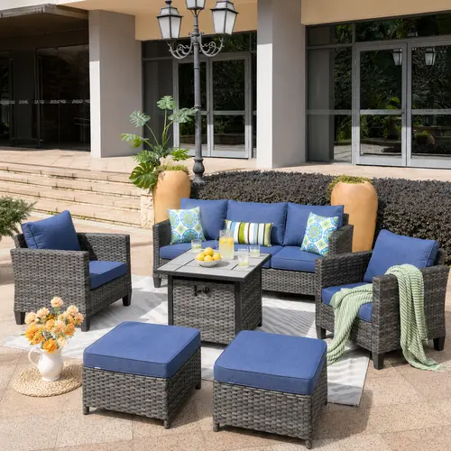 【Summerfinds】Ovios 6-Piece Outdoor Patio Furniture Set with 30" Propane Fire Pit Table, All-Weather Wicker Conversation Set with Cushioned Sofa & Chairs for Backyard, Garden, Deck & Patio