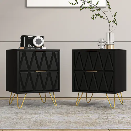 Spaco 2-Piece Modern Wood Bedside Nightstands - Bedside Cabinets, Rectangle, Assembly Required, Black Dual-Use Tables with 2 Drawers, Metal Legs, Bedroom Decor for Small Spaces, Indoor Living Room Furniture,dorm essentials,home decor Nightstands With Draw