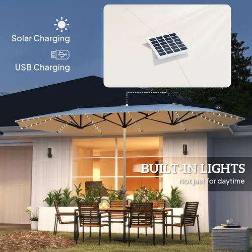 【With Base & LED Lights】Outsunny Extra Large Double-Sided Patio Umbrella, with 36 LED Lights, 14.4ft, with Base Included, for Backyard, Deck, Pool, Market