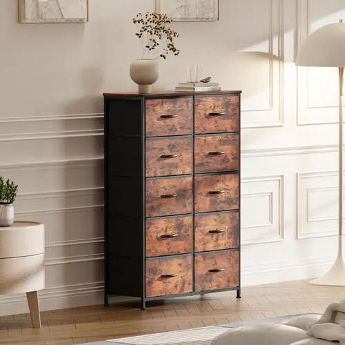 SweetFurniture Tall 10-Drawer Fabric Dresser Organizer - Wood Top, Fabric Bin Storage Tower for Bedroom, Closet