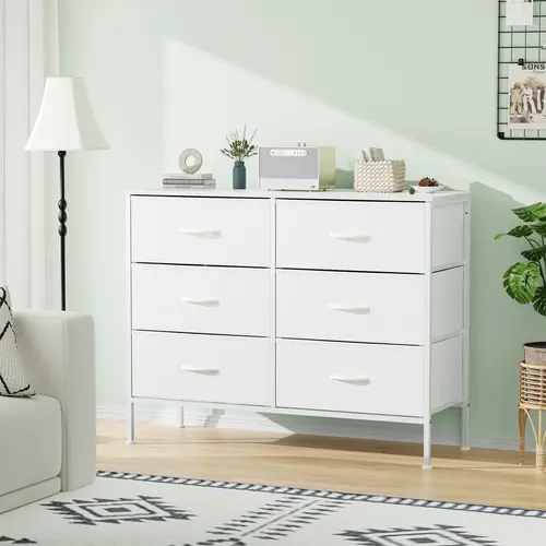 【Deal】SweetFurniture Sturdy Floor Standing 6-Drawer Wide Cupboards Cabinets Dresser - Metal Frame, Waterproof Wooden Top, Adjustable Feet, Max 45" TV Stand Fit, Modern Storage Cabinet, Bedroom Sideboard Organizer, Tools & 5" Robot Space Compatibility