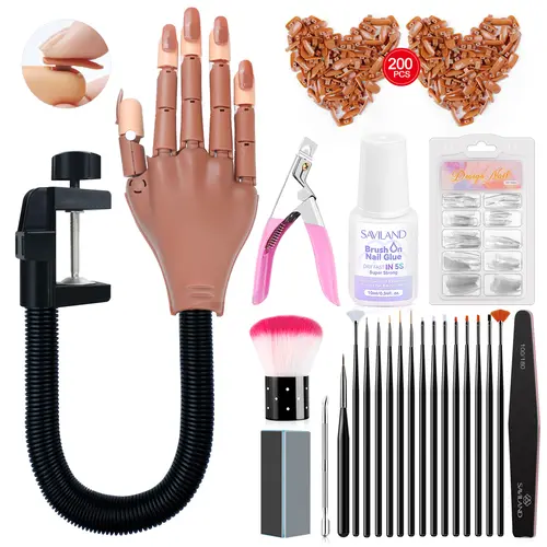 SAVILAND Practice Hand Kit: Flexible Movable Fake Hand for Acrylic Nails with 200 Nail Tips Glue Brush Clipper—Ideal for Beginners Manicure Training summervibes