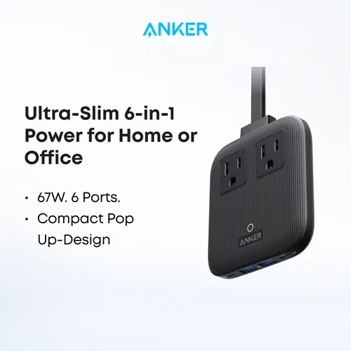 Anker Nano 6-in-1 67W USB-C Power Strip, Flat Plug and 5 ft Slim Cord, 2 AC, 2 USB-C, 2 USB-A, for iPhone 17 / 16 Series, MacBook, Perfect for Home sohochic