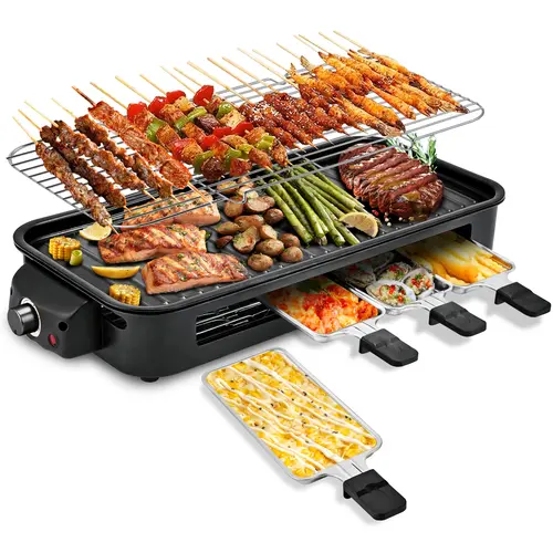 Pukomc 1500W Corded Portable Barbecue Grill - Smokeless Indoor Nonstick Griddle, Removable Temperature Control, Removable Plate, Dishwasher-Safe Pans Speed Cleanup, Raised Plate Tames Splashes, Spatula Included for Couples' Healthy Meals, Korean BBQ, Nons