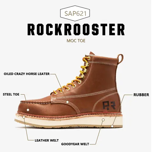ROCKROOSTER Norwood Steel Toe Men's 6-Inch  Work Boots Brown Water-Resistant Leather for Safety Construction Worker Footwear - Boy