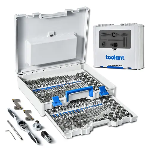Toolant 127pcs SAE-Metric Ratcheting Tap and Die Tool Combo Kit, ISO 3/2B Metalworking Set with Twist Lock, Ratchet Wrench Sets, 6H Grade Nuts, Guided Centering, Drawers Keep Bits Organized for Mechanics Threading Tasks