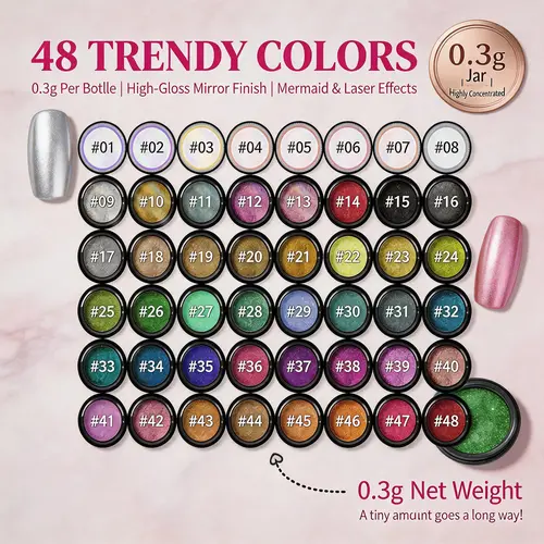 Saviland Chrome Nail Powder Set: 48 Metallic Mirror Effect Color for Gel Nails Aurora Holographic Silver Gold Chrome Powder Glitter & Rhinestone Glue summervibes