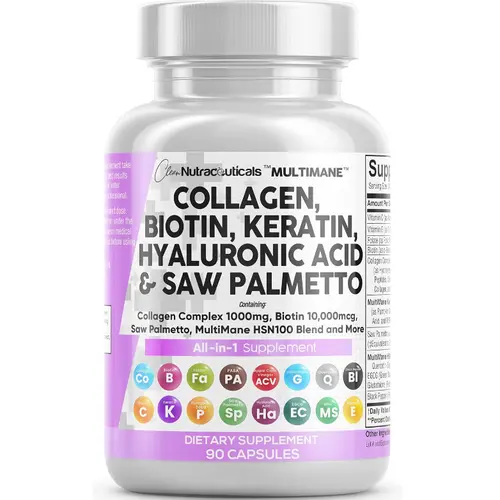 Clean Nutra Collagen, Biotin, Keratin, Hyaluronic Acid & Saw Palmetto for Hair, Skin and Nails Vitamins, and DHT Blocker - MultiMane