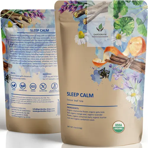 Gardenika Organic Sleep Loose Leaf Herbal Tea with Chamomile and Lavender Flowers, Caffeine Free, Ayurvedic Health Blend - 4 oz