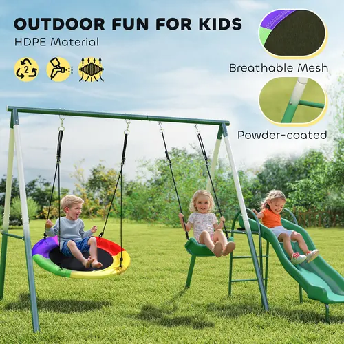 #Summervibe Outsunny Swing Set for Backyard, Heavy-Duty A-Frame Stand Outdoor Playset for Kids, with Saucer Swing, Slide, Swing Seats, Glider Set