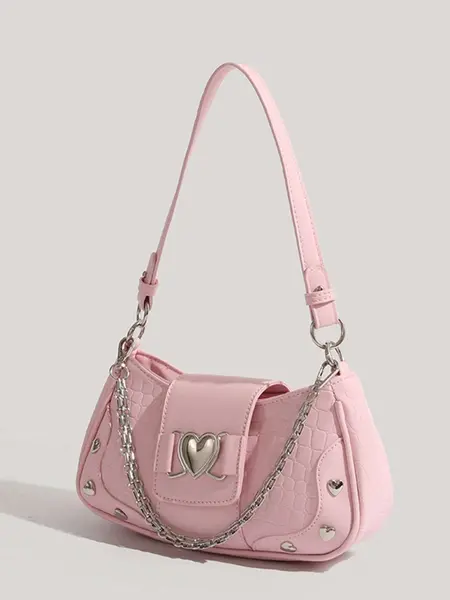 Women's Fashion Chain Decor Shoulder Bag, Heart Decorated Crocodile Textured Pu Leather Bag for Daily Used, Trendy All-match Underarm Bag, Cute Y2k Punk Style Hobo Dumpling Bag