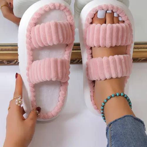Minimalist Fluffy Home Slippers, House Slippers, Open Toe Bedroom Sandals for Gifts, Casual Soft Platform Pink Cozy Bedroom Slippers, Fuzzy Warm Slippers for Women 2025, Walking Shoes, Footwear, Flatform, Cute Soft Slippers