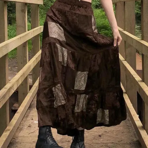 Women's Colorblock Patchwork Print Elastic Waist Flared Velvet Fabric Skirt, Street Boho Style High Waist A-Line Fashion Skirt For Daily Vacation Party Casual High Waisted Skirt Casual Fashionable Skirt Spring, Fall & Winter Bottoms Womenswear