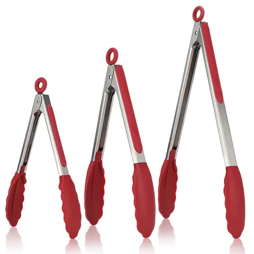 Silicone Kitchen Tongs Set, 3 Counts Non-stick Silicone Tongs with Stainless Steel Handle, Heat Resistant Food Tongs for Cooking, Baking, Frying, Kitchen Utensils, Kitchen Cooking Accessories, Kitchen Utensils Gadgets, Summer for Gift