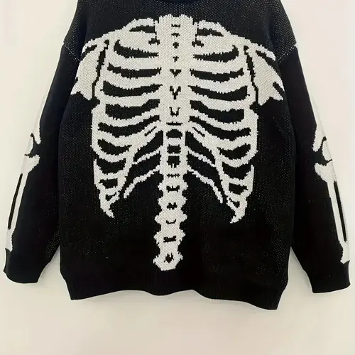 Women's Halloween Themed Skeleton Drop Shoulder Sweater, Casual Vibe Long Sleeve Round Neck Jumper for Daily Holiday Vacation Wear, Women's Knitwear for Fall, Womenswear, Tops, Lady