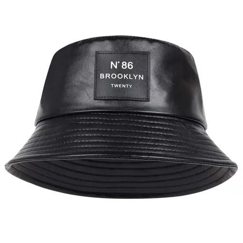 Minimalist Letter Patch Decor PU Leather Bucket Hat, Outdoor Sun Protection Fisherman Hat, Summer Beach Hat For Men & Women