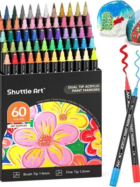 Shuttle Art 48/60 Colors Dual Tip Acrylic Paint Markers, Brush and Fine Tip for junk journal, Rock Painting, Ceramic, Wood, Canvas, Plastic, Glass, Stone, Calligraphy, Card Making, DIY Crafts,markers for coloring,dual tip marker set,student
