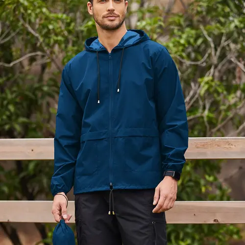 Men's Packable Jacket Outdoor Waterproof Hooded Lightweight Classic Cycling Raincoat for Hiking/Outdoor/Camping Fabric Menswear Zipper Breathable Relaxed Fit Long Sleeve Tops Athletic Outerwear Activewear Blazer