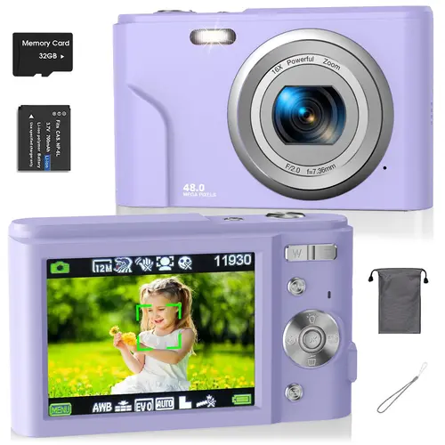 Auto Focus Digital Camera, 1 Count Full HD 1080P/48MP Mini with 32G Memory Card, Ff (F/3.2, f=7.36mm), 16x Zoom for Teenagers Beginners, Mini High Definition Camera, Electronic Portable Camera, Digital Camera For Teens