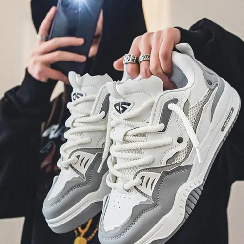 Men's Casual Athletic Thick Laces Skate Shoes Trainer, Letter Patched Design Low Top Skate Shoes, Contrast Mesh Design Platform Sports Shoes Sneaker, Casual Trendy Sneakers