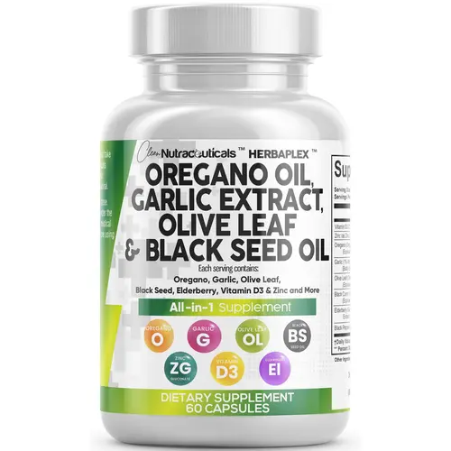 Clean Nutraceuticals Oregano Oil, Garlic Extract, Olive Leaf, Black Seed Oil & More for Women & Men's Digestive Health Supplement Capsules - Herba Plex