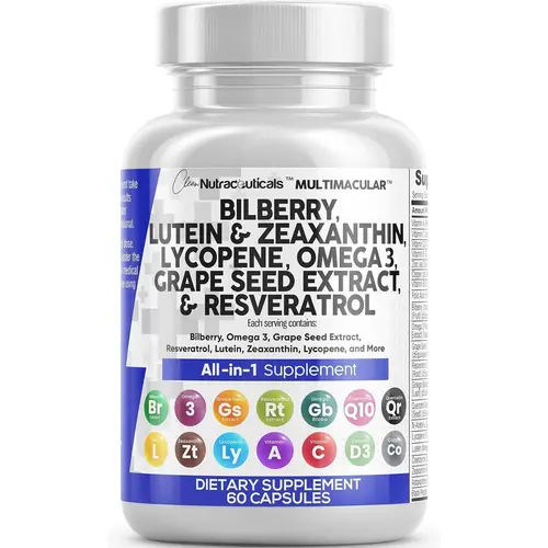 Clean Nutra Bilberry, Lutein & Zeaxanthin, Lycopene, Omega 3, Grape Seed Extract & Resveratrol for Eye Health Vitamins - MultiMacular